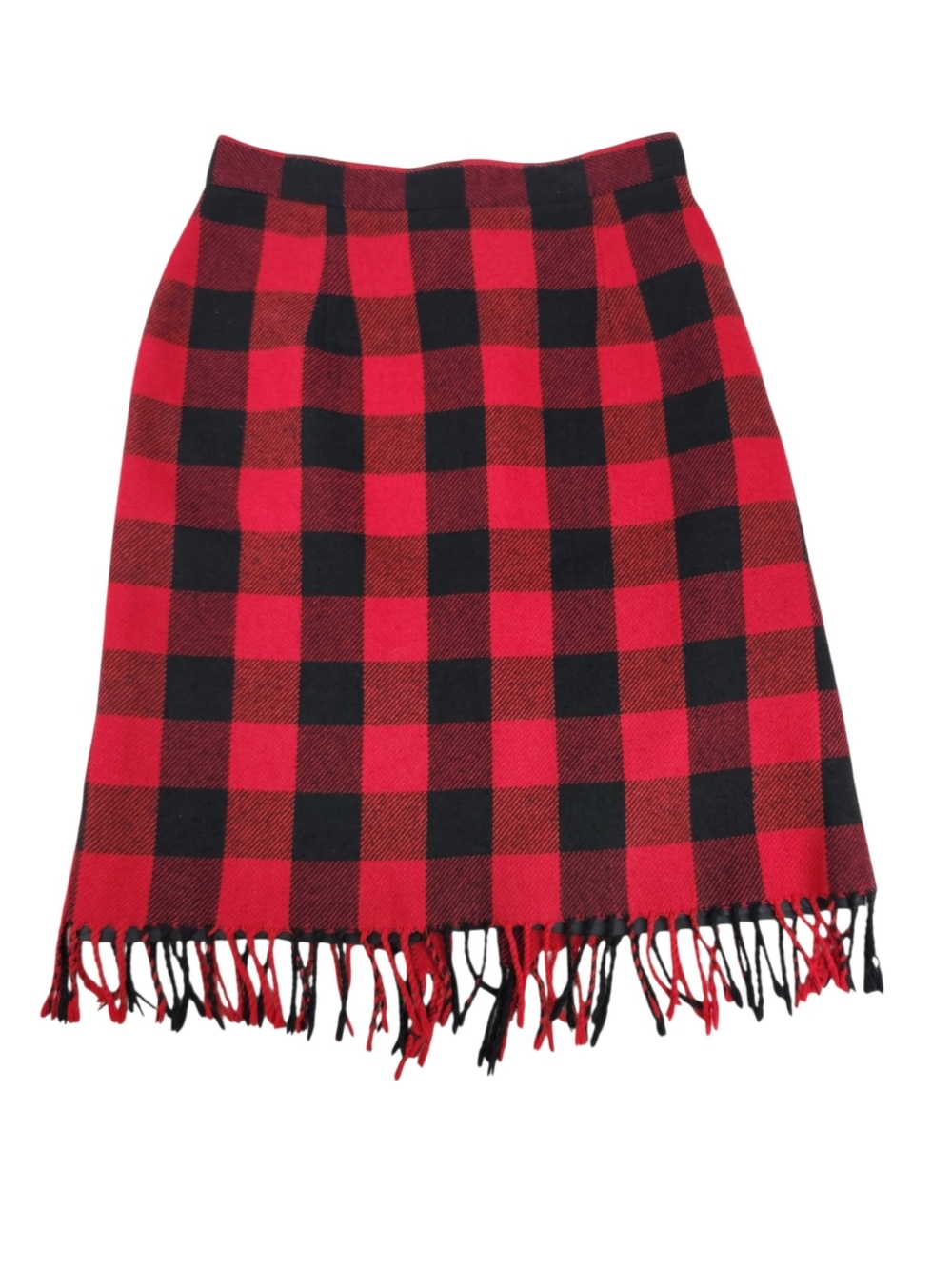 Vintage Red Black Buffalo Plaid Fringe Pencil Skirt Wool Blend 26" Waist 2P